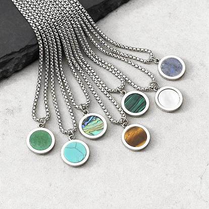Gemstone 304 Stainless Steel Coin Pendant Necklaces for Men, Stainless Steel Color