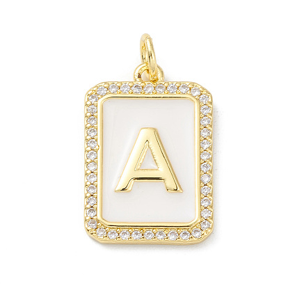Brass Enamel Micro Pave Clear Cubic Zirconia Pendants, with Jump Ring, Real 18K Gold Plated, Rectangle with Letter Pattern Charm