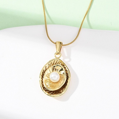 304 Женские ожерелья-змейки с овальным кулоном из нержавеющей стали и искусственного жемчуга из акрила, белые, ионное покрытие (ip)