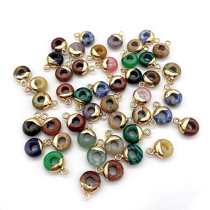Gemstones Flat Round/Donut Charms, with Rack Plating Golden Tone Brass Loops