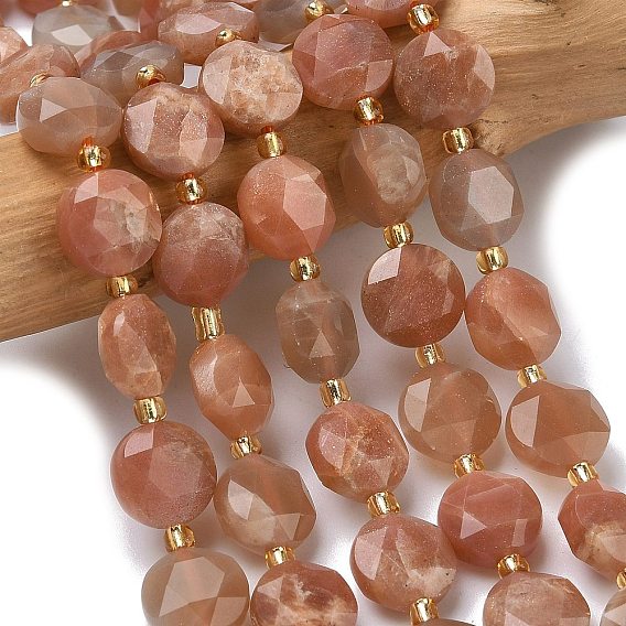 Нити из натуральных бусин из нескольких лунных камней, граненый шестиугольный разрез, плоско-круглые, с бисером