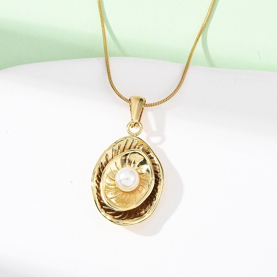 304 Женские ожерелья-змейки с овальным кулоном из нержавеющей стали и искусственного жемчуга из акрила, белые, ионное покрытие (ip)