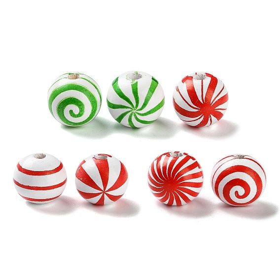 Набивные деревянные европейские бусины, круглый с узором в полоску