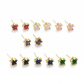 Cubic Zirconia Star Stud Earrings, Real 18K Gold Plated Brass Jewelry for Women, Cadmium Free & Lead Free