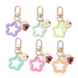 6Pcs 6 Colors Flower Opaque Acrylic Pendant Decorations, Alloy Swivel Clasps and Ladybug Enamel Charm for Bag Ornaments