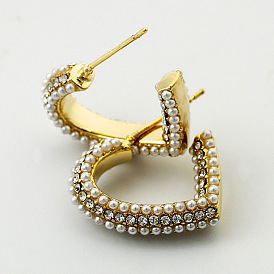 High-quality copper inlaid zircon pearl heart geometric stud earrings - sweet girl ear decoration.
