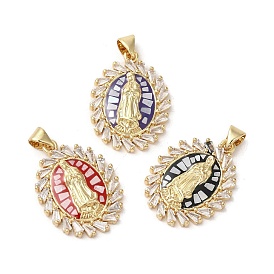 Oval with Virgin Mary Brass Micro Pave Cubic Zirconia Pendants, with Enamel & Shell, Long-Lasting Plated, Lead Free & Cadmium Free, Real 18K Gold Plated