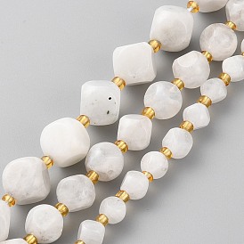 Brins de perles de pierre de lune arc-en-ciel naturel, avec des perles de rocaille, dés célestes à six faces, facette