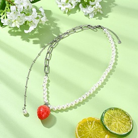 Кулон в виде красной клубники из смолы 304 цепочка из нержавеющей стали в виде скрепки и белые круглые бусы из акрилового жемчуга для женщин