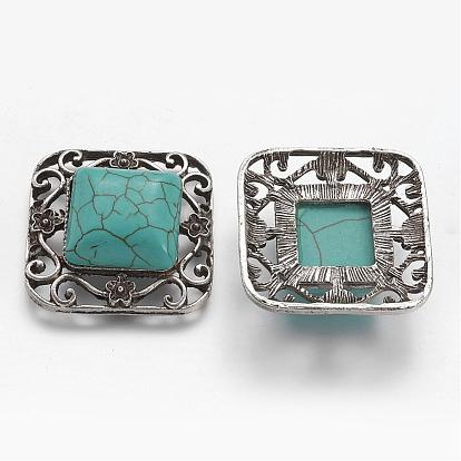 Tibetan Style Alloy Filigree Joiners, with Synthetic Turquoise, Square