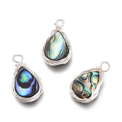 Natural Abalone Shell/Paua Shell Pendants, with Eco-Friendly Copper Wire Wrapped, Teardrop