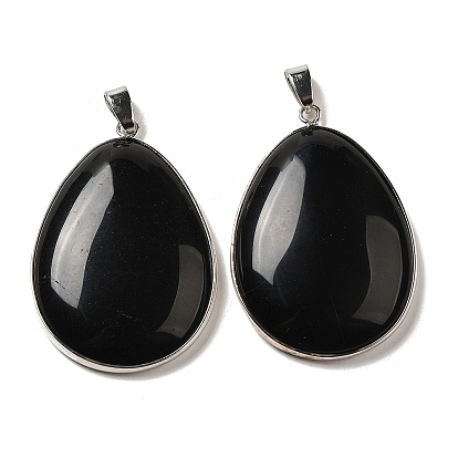 Natural Black Onyx Pendants, Platinum Plated Brass Teardrop Charms with Iron Snap on Bails, Dyed & Heated