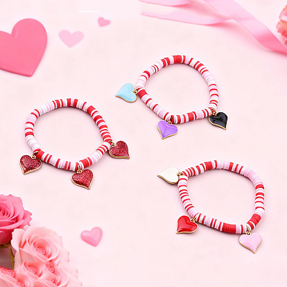 Браслеты с подвесками из цинкового сплава с эмалью ко Дню святого Валентина, Браслеты из полимерной глины, бусины хейши, эластичные для женщин