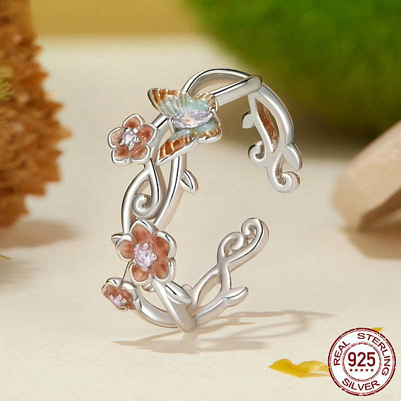 Регулируемые 925 кольца-манжеты из стерлингового серебра с кубическим цирконием и эмалью, цветок и бабочка