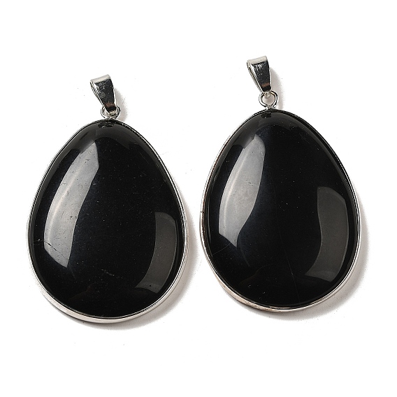 Natural Black Onyx Pendants, Platinum Plated Brass Teardrop Charms with Iron Snap on Bails, Dyed & Heated