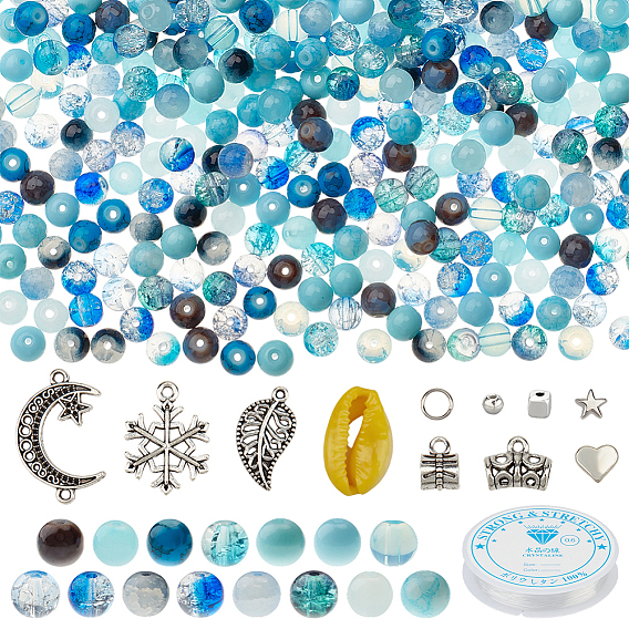 Наборы для самостоятельной маркировки ювелирных изделий, Эластичная кристальная нить, 450 шт. стеклянные круглые бусины, 60 шт. Подвески из сплава в тибетском стиле, 70 бусины из сплава шт., 10шт. раковины каури, 50шт кольца прыжок