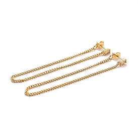 Long Chain Tassel Dangle Stud Earrings for Girl Women, Rectangle, Brass Micro Pave Clear Cubic Zirconia Earrings Thread