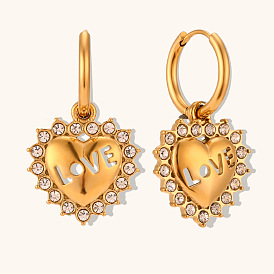 Luxury Diamond Heart Pendant Earrings with Hollow-out Design, Stainless Steel Gold Plated Ear Hooks and Rings Jewelry