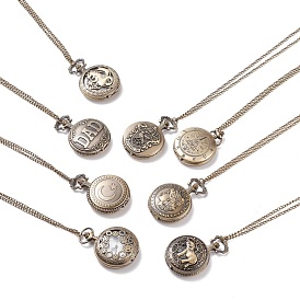 Valentines Gifts Mixed Alloy Flat Round Pendant Necklace Pocket Watch, with Iron Chains and Lobster Clasps, Quartz Watch, 30.7 inch~31.5 inch, Watch Head: 50~62x39~49x13~20mm