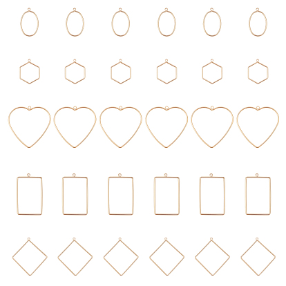 30Pcs 5 Style Brass Pendants, Teardrop & Rectangle & Heart & Rhombus & Hexagon