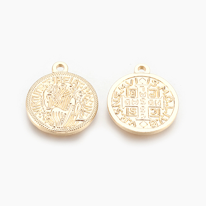 Brass Pendants, Flat Round with Saint Benedict Medal, Real 18K Gold Plated
