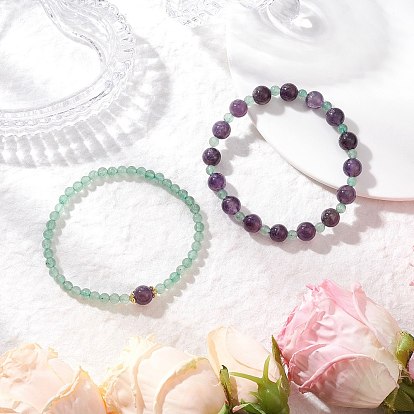 2Pcs Natural Green Aventurine & Amethyst Round Beaded Stretch Bracelets for Women