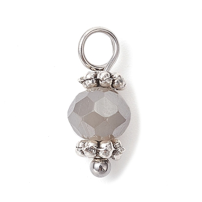 Glass Charms, with Antique Silver Alloy Loops, Faceted Rondelle