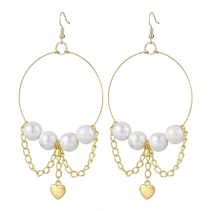 Stainless Steel Acrylic Imitation Pearl Dangle Earrings, Alloy Heart & Iron Chain Tassel Earrings for Women
