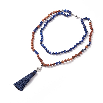 Natural Lapis Lazuli & Wood Beaded 2 Tiered Necklaces, Hamsa Hand Necklace, with Tassel & Magnetic Clasps, for Women