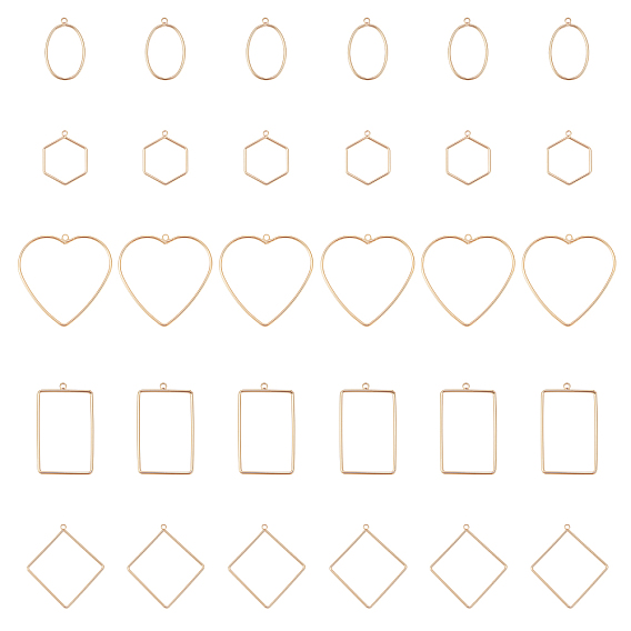 30Pcs 5 Style Brass Pendants, Teardrop & Rectangle & Heart & Rhombus & Hexagon