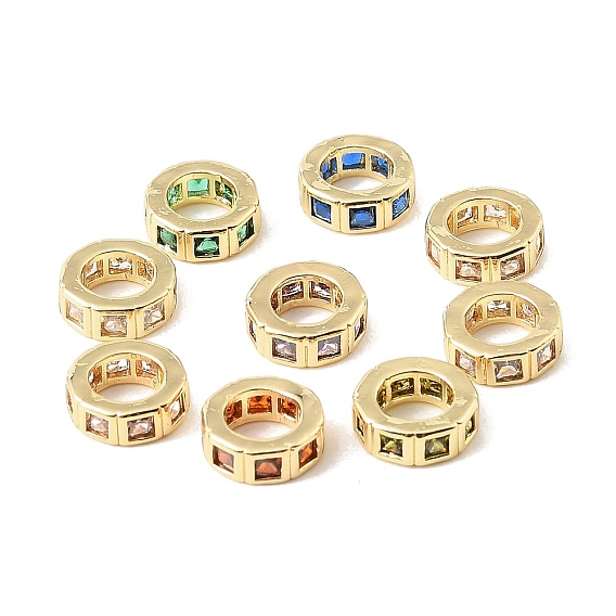 Brass Pave Cubic Zirconia European Beads, Flat Round, Large Hole Beads, Rack Plating, Long-Lasting Plated, Lead Free & Cadmium Free, Real 18K Gold Plated