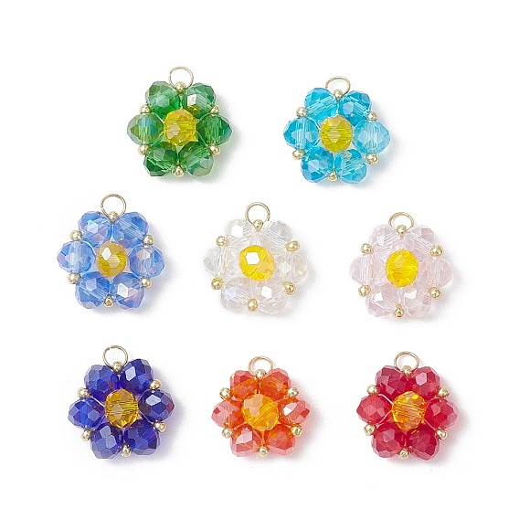 8шт 8 цвета подвески из гальванического стекла, цветочный шарм, с 304 петлями из нержавеющей стали, граненые