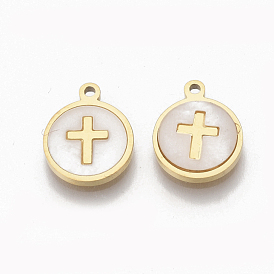 304 Stainless Steel Charms, with Shell, Flat Round with Cross