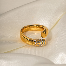 18K Gold Stainless Steel Diamond Inlaid Open Ring - Premium Design, Non-fading Jewelry.