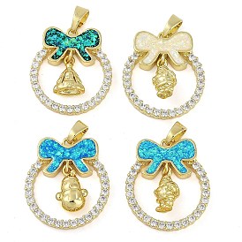 Christmas Theme Rack Plating Brass Micro Pave Cubic Zirconia Pendants, with Synthetic Opal, Long-Lasting Plated, Lead Free & Cadmium Free, Real 18K Gold Plated, Bowknot with Ring