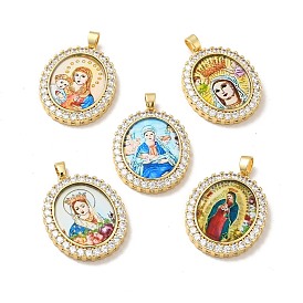 Brass Micro Pave Cubic Zirconia Pendants, with Glass, Real 18K Gold Plated, Oval with Virgin Mary