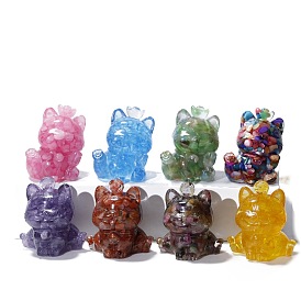 Resin Lucky Cat Display Decoration, with Natural Gemstone Chips inside Statues for Home Office Decorations