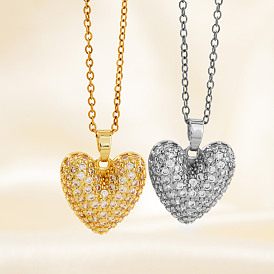 Elegant Romantic Heart Brass Micro Pave Clear Cubic Zirconia Pendant Necklace for Women, with Cable Chain