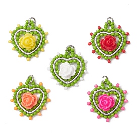 Сердце из стеклянных бусин с подвесками в виде роз, с 304 соединительным кольцом из нержавеющей стали