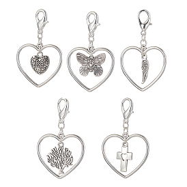 Valentine's Day Tibetan Style Alloy Pendant Decorations, with Zinc Alloy Lobster Claw Clasps, Heart with Wing/Cross/Tree of Life/Butterfly
