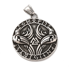 Viking 304 Stainless Steel Pendant, with 201 Stainless Steel Snap On Bails, Flat Round with Crow & Valknut & Helm of Awe