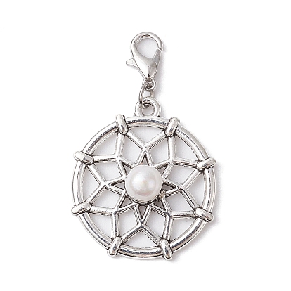 Woven Net/Web Tibetan Style Alloy Pendant Decoraiton, with Natural Cultured Freshwater Pearl Beads and Alloy Lobster Claw Clasps