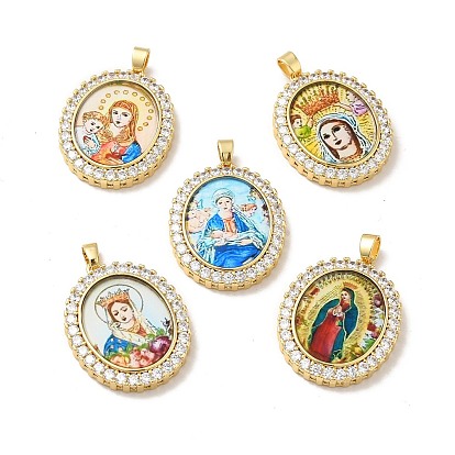 Brass Micro Pave Cubic Zirconia Pendants, with Glass, Real 18K Gold Plated, Oval with Virgin Mary