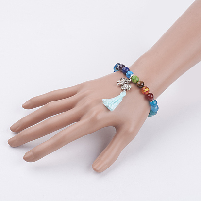 Chakra Jewelry, Cotton Thread Tassel Charm Bracelets, with Gemstone and Zinc Alloy Lotus Flower Beads