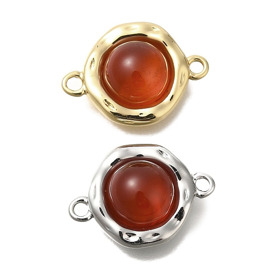 Подвески-коннекторы из натурального сердолика (окрашенного и нагретого) с плоскими круглыми звеньями, с фактурной латунной фурнитурой