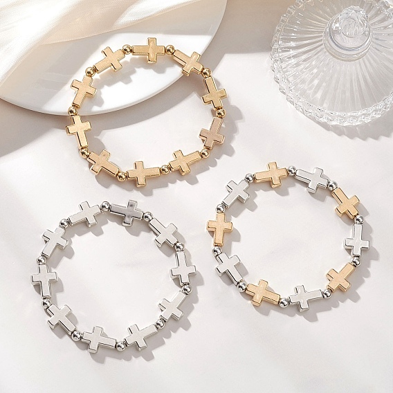 3шт. пластиковые браслеты CCB с крестом и круглыми бусинами, эластичные, для женщин и мужчин