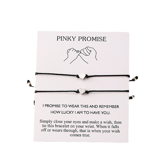 2Pcs Alloy Heart Braided Bead Bracelets Set, Adjustable Bracelets for Valentine's Day