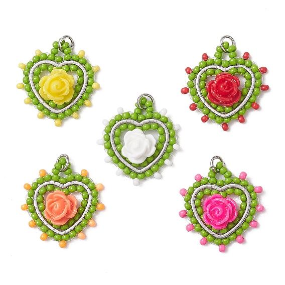 Сердце из стеклянных бусин с подвесками в виде роз, с 304 соединительным кольцом из нержавеющей стали