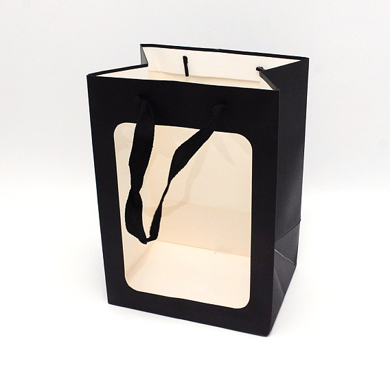 Bolsas de papel kraft con asa, con asas de cordón y ventana rectangular, bolsa de compras al por menor, bolsa de mercadería, regalo, bolsa de fiesta, Rectángulo