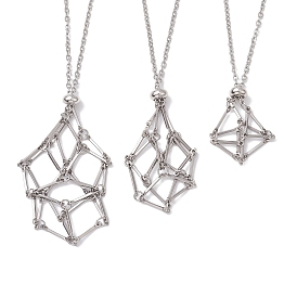 3 Pcs 201 Stainless Steel Crystal Stone Cage Pendant Necklaces, 304 Stainless Steel Cable Chains